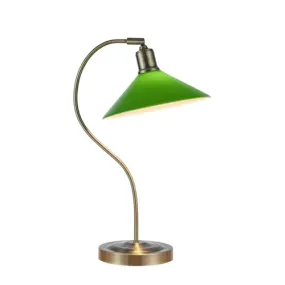 Vela 50cm Grün schreibtischlampe Von Markslöjd - &nbsp;Tischleuchte im klassischen Design mit einem an eine Schusterlampe erinnernden gr&uuml;nen Lampenschirm aus gl&auml;nzendem Glas und einem geschwungenen Lampenfu&szlig; aus Messing.