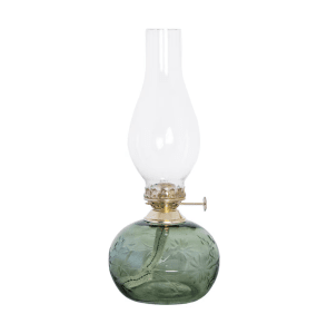 Kerosene lamp Oval Grün Von Strömshaga - Wundersch&ouml;ne Petroleumlampe aus gr&uuml;nem Glas mit ge&auml;tzten Blumen.