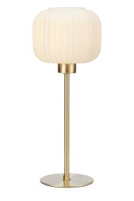 Sober 38cm Gebürstetes Messing tischlampe Von Markslöjd - Sober ist eine elegante Tischlampe mit einem stilvollen Glasschirm und einem Sockel aus gebürstetem Messing.