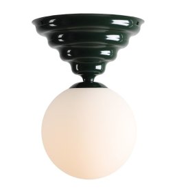 Wave Ø30 Dunkelgrün deckenleuchte Von Artera - Sie hat einen dunkelgrünen Rahmen mit sanft gewelltem Design und einen runden weißen Glasschirm, der ein angenehmes und gleichmäßiges Licht im Raum verbreitet.