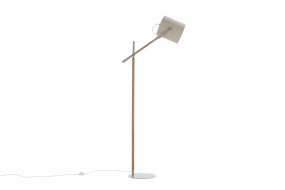 Dennis Beige/Holz stehlampe Von Venture Design - Dennis ist eine moderne Stehleuchte mit verstellbarem Schaft und beigem Leinenschirm, der ein sanftes und angenehmes Licht spendet.