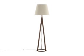 Kona Holz stehlampe Von Venture Design - mit Beinen in der Farbe Espresso und Leinenschirm.