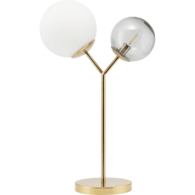 Twice 62cm Messing tischlampe Von House Doctor - Die Tischlampe hat einen Messingsockel und zwei Glasschirme &ndash; einen wei&szlig;en und einen rauchgrauen.