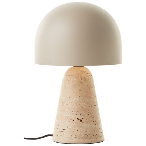 Nalam 30cm Beige tischlampe Von Brilliant - Die Tischleuchte Nalam vereint modernes Design und natürliche Eleganz mit einem stilvollen beigen Lampenschirm und einem stabilen Sockel aus künstlichem Travertinstein.