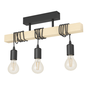 Townshend 55cm Holz deckenleuchte Von Eglo - Die drei Kabel mit E27-Fassungen sind um den Holzbalken gewickelt, sodass Sie die H&ouml;he individuell anpassen und durch Drehen der Kabel Ihren pers&ouml;nlichen Stil zum Ausdruck bringen k&ouml;nnen.