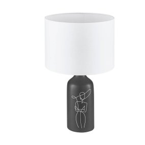 Vinoza 53cm Schwarz tischlampe Von Eglo - Mit einem schwarzen Sockel, der mit minimalistischen Linien verziert ist, die eine Frau mit Hut darstellen, verleiht die Lampe Ihrem Zuhause eine anspruchsvolle und künstlerische Note.