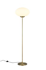Fomento Mattes Messing stehlampe Von Trio Lighting - Die Kombination aus mattem Messing und weißem Glas vermittelt ein Gefühl von Luxus und Eleganz.