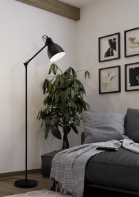 Priddy Schwarz stehlampe Von Eglo - Die wei&szlig;e Innenseite des Schirms sorgt f&uuml;r ein weiches und angenehmes Licht und macht die Lampe zu einem stilvollen Blickfang im Raum.