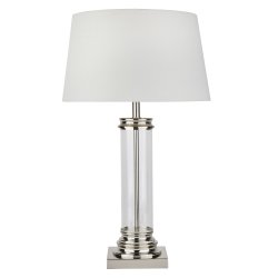 Pedestal 50cm Silber tischlampe Von Searchlight - Mit ihrem stilvollen Rahmen aus transparentem Glas und poliertem Metall sowie einem zeitlosen weißen Lampenschirm passt sie perfekt in moderne und traditionelle Umgebungen.