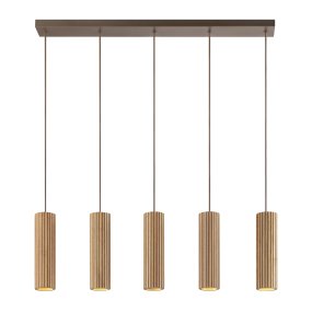 Lakewood 95cm Holz hängelampe Von Brilliant - Die fünf Schirme sind in einer Reihe angeordnet, und die Höhe lässt sich bei der Montage an den Raum und den gewünschten Standort anpassen.