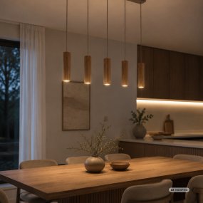 Lakewood 95cm Holz hängelampe Von Brilliant - Die fünf Schirme sind in einer Reihe angeordnet, und die Höhe lässt sich bei der Montage an den Raum und den gewünschten Standort anpassen.