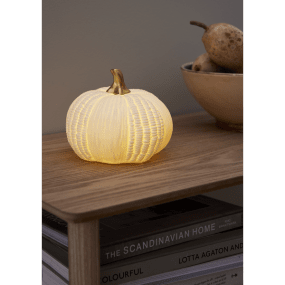 Pumpkin 12cm Weiß Von Star Trading - Die Lampe wird mit 2 AAA-Batterien (nicht im Lieferumfang enthalten) betrieben und verf&uuml;gt &uuml;ber eine praktische Timer-Funktion, die sie 6 Stunden lang leuchten l&auml;sst und anschlie&szlig;end 18 Stunden lang ausschaltet.