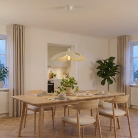 Binacua Ø60 Beige hängelampe Von Eglo - Der Schirm besteht aus sanft gerundeten Blättern, die sich überlappen und die Lichtquelle in der Mitte sichtbar machen.