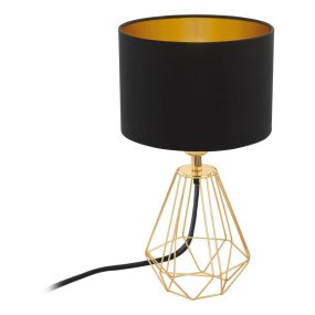 Carlton 30cm Messing tischlampe Von Eglo - Diese elegante Tischlampe kombiniert einen schwarzen Schirm mit einem geometrischen Sockel aus goldfarbenem Metall, was ihr ein exklusives und modernes Aussehen verleiht.