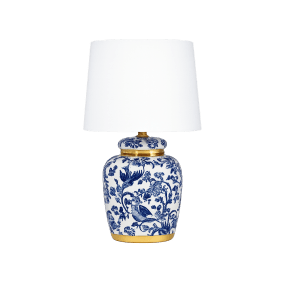 Blomsterlilla 30cm Blau tischlampe Von Lampan - Wundersch&ouml;ne Tischleuchte mit dekorativem blau-wei&szlig;em Muster auf dem Porzellanfu&szlig; und Messingdetails.