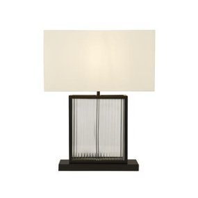 Clarendon 53cm Schwarz tischlampe Von Searchlight - Der markante Leuchtenfuß aus mattschwarzem Metall und gehärtetem Glas setzt ein starkes Statement, während der cremefarbene Samtschirm einen sanften Kontrast und ein Gefühl von Luxus erzeugt.