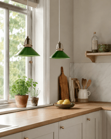 Mäster Ø20 Antikmessing/Grün fensterlampe Von Lampan - Der gr&uuml;ne Glasschirm sorgt f&uuml;r ein gleichm&auml;&szlig;iges und angenehmes Licht und schafft eine einladende Atmosph&auml;re im Raum.