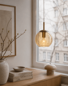  Globi Ø15 Messing/Bernstein fensterlampe Von Nordic Lighting - Die Globi-Fensterleuchte ist eine stilvolle und moderne Lampe, die jedem Raum eine warme und gem&uuml;tliche Atmosph&auml;re verleiht.