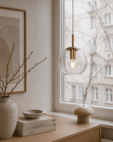 Globi Ø15 Messing/transparent fensterlampe Von Nordic Lighting - Die Globi Fensterleuchte ist eine stilvolle und moderne Lampe, die jedem Raum eine warme und gem&uuml;tliche Atmosph&auml;re verleiht.