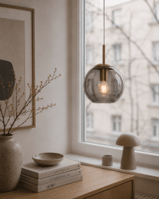 Globi Ø15 Messing/geräuchert fensterlampe Von Nordic Lighting - Die Globi Fensterleuchte ist eine stilvolle und moderne Lampe, die jedem Raum eine warme und gem&uuml;tliche Atmosph&auml;re verleiht.
