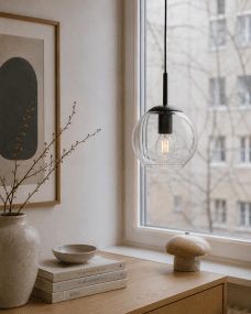 Globi Ø15 Schwarz/transparent fensterlampe Von Nordic Lighting - Die Globi-Fensterleuchte ist eine stilvolle und moderne Lampe, die jedem Raum eine warme und gem&uuml;tliche Atmosph&auml;re verleiht.