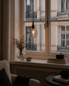 Elipzo Ø18 rauchfarben fensterlampe Von Lampan - Sie eignet sich perfekt zum Aufh&auml;ngen am Fenster und schafft eine warme und einladende Atmosph&auml;re.