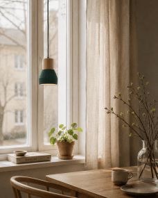 Pepe Ø13 Grün fensterlampe Von Nordic Lighting - Die Kombination aus Holz und Beton verleiht ihr eine robuste und zugleich warme Ausstrahlung, w&auml;hrend das matte Dunkelgr&uuml;n f&uuml;r eine ruhige und trendige Note sorgt.