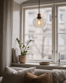 Ariston Ø20 Bernstein fensterlampe Von Lampan - Der bernsteinfarbene Glasschirm spendet warmes und angenehmes Licht, w&auml;hrend die Details in geb&uuml;rstetem Messing f&uuml;r einen modernen und exklusiven Look sorgen.