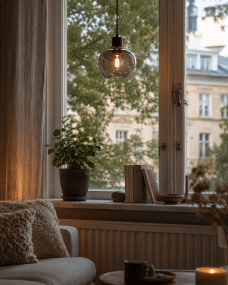 Ariston Ø20 rauchfarben fensterlampe Von Lampan - Der Schirm aus Rauchglas spendet ein angenehmes Licht, w&auml;hrend die Details aus geb&uuml;rstetem Messing f&uuml;r einen modernen und exklusiven Look sorgen.