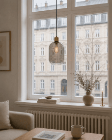 Origo Ø20 rauchfarben fensterlampe Von Lampan - Der Schirm aus Rauchglas sorgt f&uuml;r ein sanftes und stimmungsvolles Licht, w&auml;hrend die Details in mattem Gold f&uuml;r eine warme und exklusive Ausstrahlung sorgen.