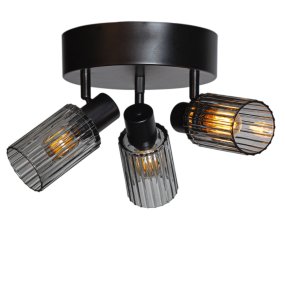 Kiera 3 Schwarz/Rauchig spotlight Von Cottex - Kiera ist ein dekorativer Strahler mit einem mattschwarzen Rahmen und drei rauchfarbenen Kuppeln aus geriffeltem Rauchglas.