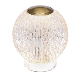 Marni 10cm Transparent tragbare Von Elstead Lighting - Marni ist eine elegante, wiederaufladbare Tischleuchte mit dekorativem Design, die Stahl in natürlicher Messingoptik mit transparentem, gemustertem Acryl kombiniert.