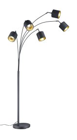 Tommy 5 Schwarz stehlampe Von Trio Lighting - Die klaren, modernen Formen und das mattschwarze Metall mit schwarzen und goldenen Stoffschirmen machen die Leuchte zu einem eleganten und flexiblen Einrichtungsdetail.