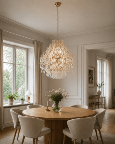 Palais Ø58 Gold kristall Von Lampan - Die Leuchte ist mit mattierten Prismen bedeckt, die f&uuml;r ein sanftes, vertr&auml;umtes Lichtspiel sorgen und eine exklusive Atmosph&auml;re im Raum schaffen.