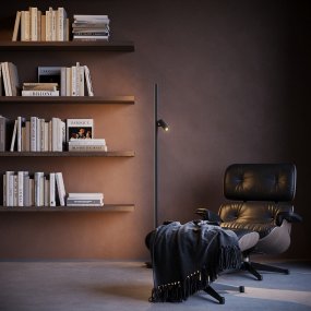 Thin Schwarz stehlampe Von Maytoni - Sie verf&uuml;gt &uuml;ber einen beweglichen Strahler mit hellem Licht, der sich perfekt als Leselampe eignet, und einen Touch-Dimmer zur einfachen Lichtregulierung.