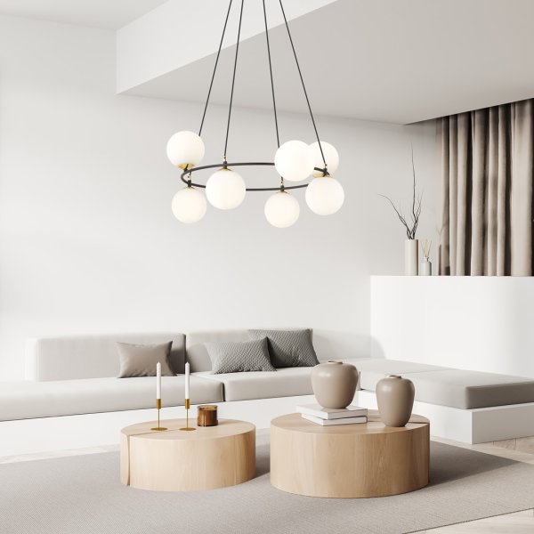 Azura Ø75 Weiß Von Emibig Lighting - Die runde Form der Leuchte mit asymmetrisch angeordneten Schirmen verleiht dem Raum eine einzigartige Atmosph&auml;re und unterstreicht ihren modernen und edlen Charakter.