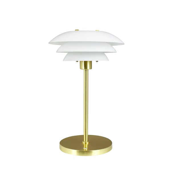 DL20 LED 30cm Messing tragbare Von Dyberg Larsen - Den uppladdningsbara lampan har en h&ouml;jd p&aring; 30 cm och en lampsk&auml;rmsdiameter p&aring; 20 cm, vilket g&ouml;r den perfekt f&ouml;r s&auml;ngbordet, skrivbordet eller en mysig h&ouml;rna.
