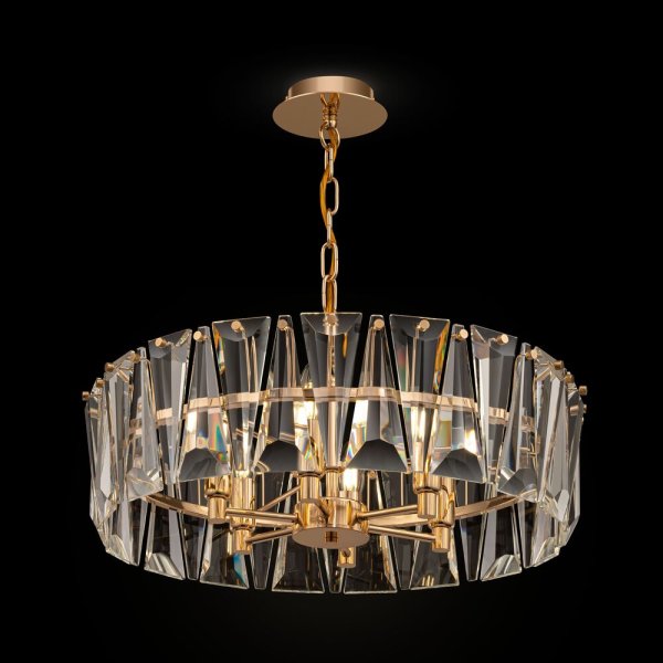 Puntes Ø52 Gold kristall Von Maytoni - Puntes ist ein eleganter Deckenleuchter aus goldfarbenem Metall mit funkelnden Prismen, die die Lichtquellen umgeben und bei eingeschalteter Lampe ein zauberhaftes Lichtspiel erzeugen.