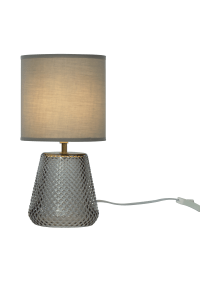 Alissa 35cm Rauchfarben tischlampe Von Aneta Lighting - Mit einem Lampenfu&szlig; aus sch&ouml;n strukturiertem Rauchglas mit spiegelnder Oberfl&auml;che und einem grauen Textilschirm, der ein weiches und angenehmes Licht verbreitet.