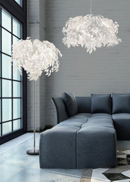Leavy Weiß stehlampe Von Trio Lighting - Die Stehleuchte Leavy ist mit ihren dekorativen Kunststoffblättern, die ihr einen unverwechselbaren und bezaubernden Stil verleihen, ein einzigartiges und beeindruckendes Highlight in Ihrem Zuhause.