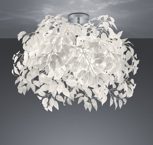 Leavy Ø70 Weiß deckenleuchte Von Trio Lighting - Die weißen Kunststoffblätter erzeugen ein weiches, diffuses Licht, das eine warme und einladende Atmosphäre im Raum verbreitet.