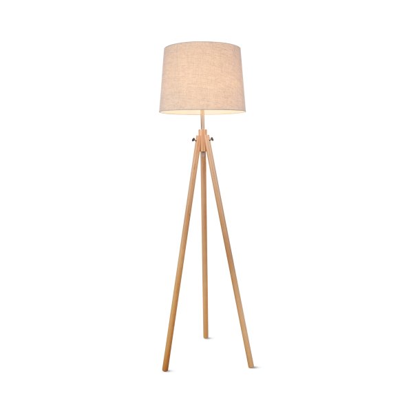 Calvin Holz stehlampe Von Maytoni - Mit ihrem hellen Holzständer und einem weichen Textilschirm verbreitet die Lampe ein warmes und einladendes Licht, das eine wohnliche Atmosphäre schafft.