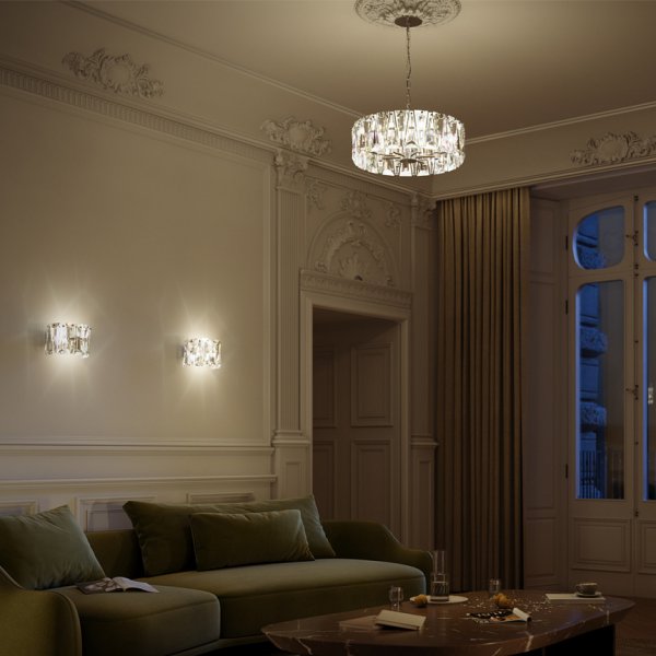 Puntes Ø52 Gold kristall Von Maytoni - Puntes ist ein eleganter Deckenleuchter aus goldfarbenem Metall mit funkelnden Prismen, die die Lichtquellen umgeben und bei eingeschalteter Lampe ein zauberhaftes Lichtspiel erzeugen.