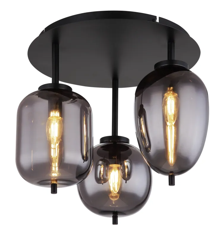Blacky Ø46 Schwarz deckenleuchte Von Globo Lighting - Lampan &auml;r utrustad med 3st r&ouml;kf&auml;rgade glaskupor i olika former, som h&auml;nger fr&aring;n taket p&aring; mattsvarta st&auml;nger f&auml;sta vid en matchande bas.