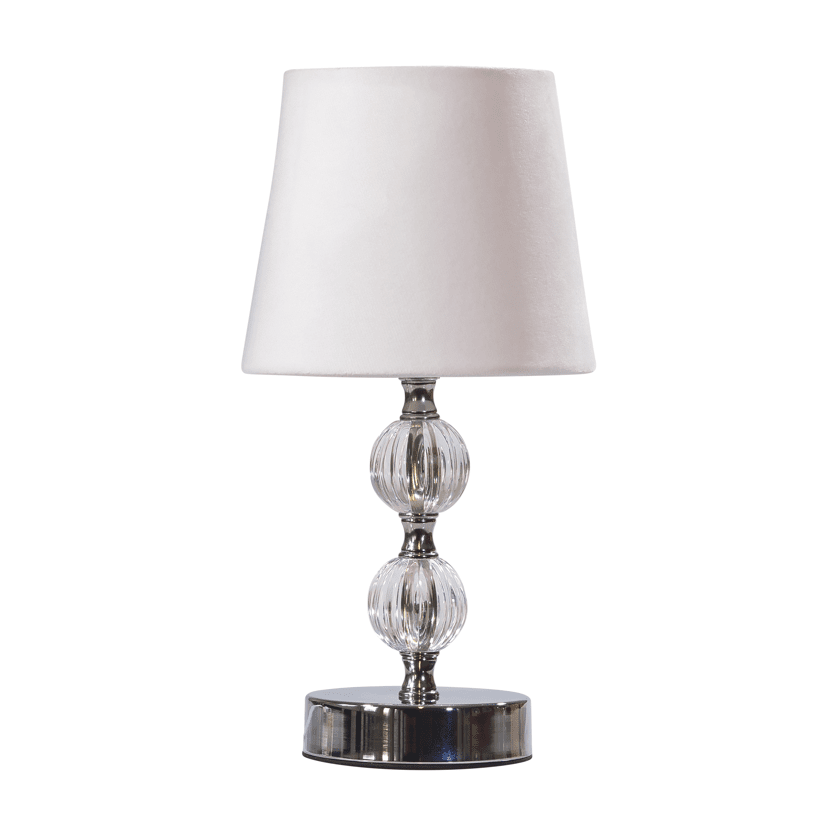 Zoombild von Karin 30cm Weiß tischlampe Von Pixie Design - Der Sockel aus Glas und Metall der Lampe erzeugt einen stilvollen Eindruck, während der weiße Textilschirm für einen klassischen und luxuriösen Ausdruck sorgt.