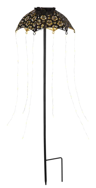 Umbrella Schwarz solarleuchte Von Globo Lighting - Skapa en magisk st&auml;mning i tr&auml;dg&aring;rden med Umbrella, en unik solcellsbelysning med vackert utskuret m&ouml;nster och h&auml;ngande ljusslingor.