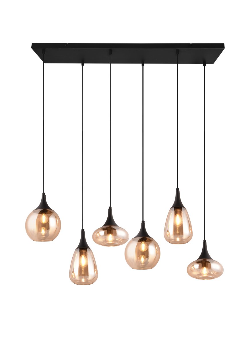 Lumina 93cm Bernstein hängelampe Von Trio Lighting - Die drei unterschiedlich geformten Schirme und die Kombination aus Metall und bernsteinfarbenem Glas erzeugen eine warme und einladende Lichtatmosph&auml;re.