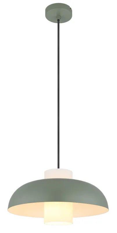 Lowe Ø38 Grün hängelampe Von Globo Lighting - Den runda sk&auml;rmen i matt gr&ouml;nf&auml;rgad metall ger ett elegant och tidl&ouml;st uttryck, medan den cylinderformade sk&auml;rmen i opalglas sprider ett mjukt och behagligt ljus.