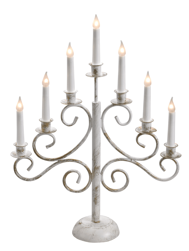 Smide 7 Weiß Von Pixie Design - Ein eleganter und rustikaler Kerzenst&auml;nder aus Schmiedeeisen mit sieben Armen, in einer stilvollen Kombination aus Wei&szlig; und Antikgold.