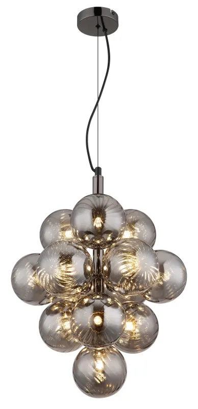 Conor Ø40 Rauchfarben hängelampe Von Globo Lighting - Den har 13st dekorativa r&ouml;kf&auml;rgade glaskupor som alla omfamnar en ljusk&auml;lla vilket skapar en fin och harmonisk ljusspridning i rummet.